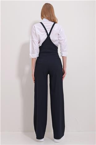 Kadın Lacivert Çift Cepli Askılı Likralı Salopet Tulum ALC-X11539