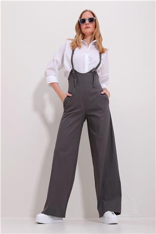 Kadın Antrasit Çift Cepli Askılı Likralı Salopet Tulum ALC-X11539