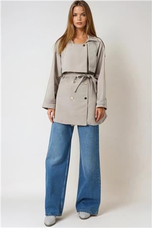 Kadın Taş Çift Cepli  Astarlı Kemerli Omuzu Ve Beli Apoletli Trençkot VS01026