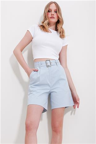 Kadın Mavi Çift Cepli Beli Kemerli Gabardin Şort ALC-X11501