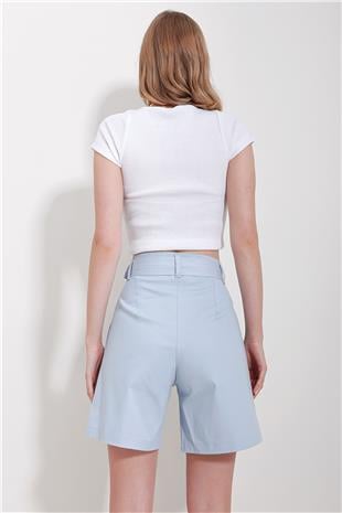 Kadın Mavi Çift Cepli Beli Kemerli Gabardin Şort ALC-X11501