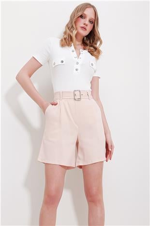 Kadın Pudra Pembesi Çift Cepli Beli Kemerli Gabardin Şort ALC-X11501