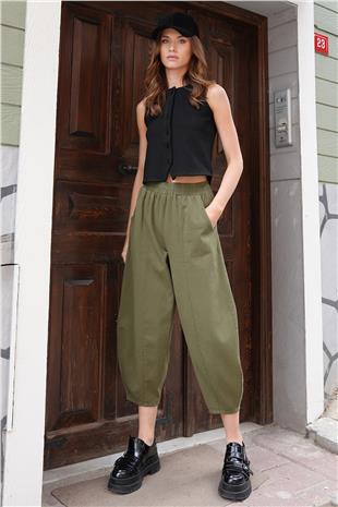 Kadın Haki Beli Lastikli Balon Kesim Gabardin Pantolon VS01212