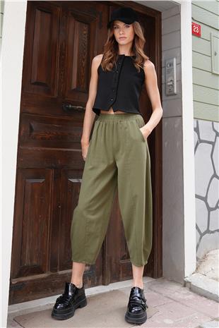 Kadın Haki Beli Lastikli Balon Kesim Gabardin Pantolon VS01212