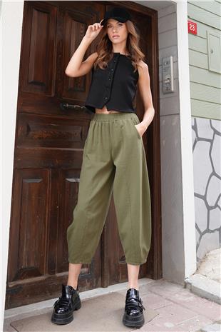Kadın Haki Beli Lastikli Balon Kesim Gabardin Pantolon VS01212