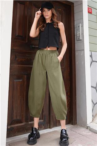 Kadın Haki Beli Lastikli Balon Kesim Gabardin Pantolon VS01212