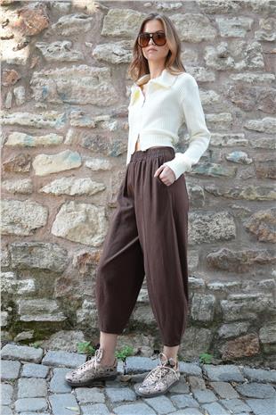 Kadın Kahverengi Beli Lastikli Balon Kesim Gabardin Pantolon VS01212