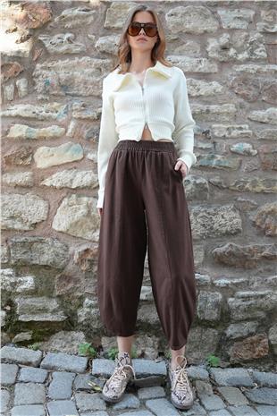 Kadın Kahverengi Beli Lastikli Balon Kesim Gabardin Pantolon VS01212