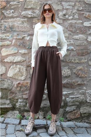 Kadın Kahverengi Beli Lastikli Balon Kesim Gabardin Pantolon VS01212