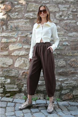Kadın Kahverengi Beli Lastikli Balon Kesim Gabardin Pantolon VS01212