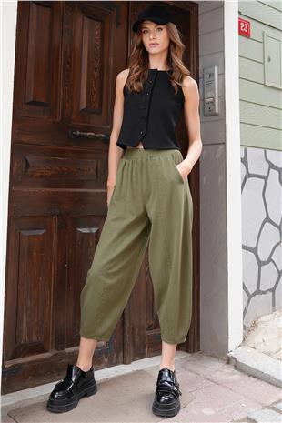 Kadın Haki Beli Lastikli Balon Kesim Gabardin Pantolon VS01212
