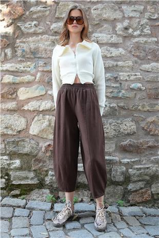 Kadın Kahverengi Beli Lastikli Balon Kesim Gabardin Pantolon VS01212