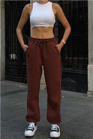 Kadın Kahverengi Çift Cepli Beli Ve Paçası Lastikli 3 İplik Eşoftman Altı VS00724