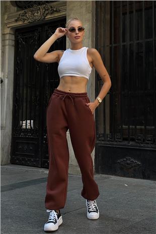 Kadın Kahverengi Çift Cepli Beli Ve Paçası Lastikli 3 İplik Eşoftman Altı VS00724