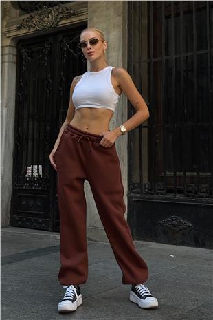 Kadın Kahverengi Çift Cepli Beli Ve Paçası Lastikli 3 İplik Eşoftman Altı VS00724