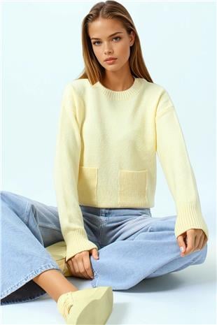 Kadın Sarı Çift Cepli Bisiklet Yaka Triko Kazak VS01055
