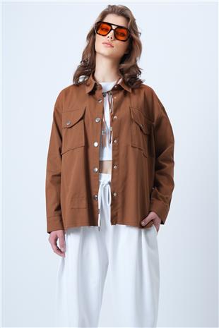 Kadın Kahverengi Çift Cepli Çıt Çıt Kapamalı Oversize Gömlek VS01197