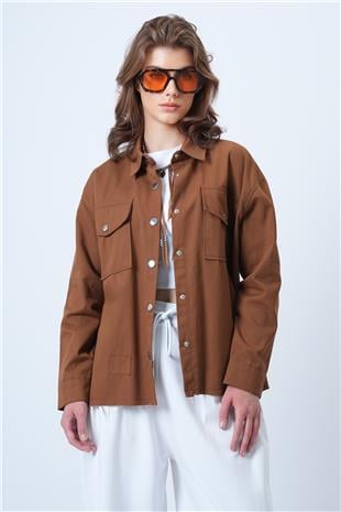 Kadın Kahverengi Çift Cepli Çıt Çıt Kapamalı Oversize Gömlek VS01197