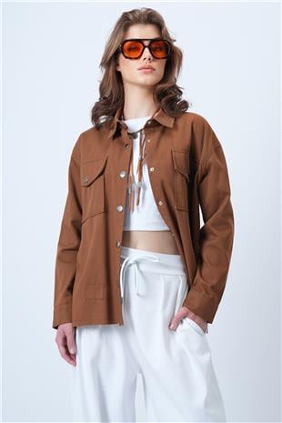 Kadın Kahverengi Çift Cepli Çıt Çıt Kapamalı Oversize Gömlek VS01197