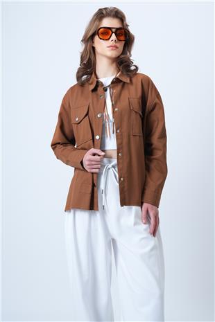 Kadın Kahverengi Çift Cepli Çıt Çıt Kapamalı Oversize Gömlek VS01197
