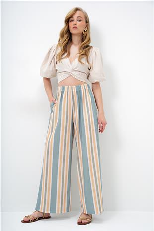 Kadın Çağla Yeşili- Hardal Çift Cepli Çizgi Desenli Geniş Paça Yazlık Pantolon ALC-X14142
