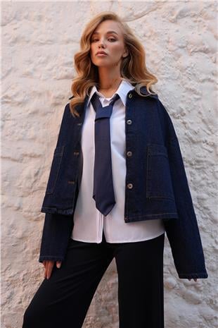Kadın Koyu Lacivert Çift Cepli Crop Denim Ceket ALC-X14575