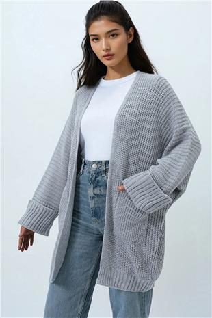 Kadın Gri Çift Cepli Duble Kol Selanik Örgü Uzun Triko Hırka ALC-X14439