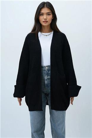 Kadın Siyah Çift Cepli Duble Kol Selanik Örgü Uzun Triko Hırka ALC-X14439