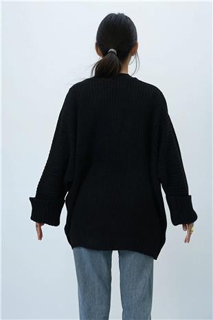 Kadın Siyah Çift Cepli Duble Kol Selanik Örgü Uzun Triko Hırka ALC-X14439