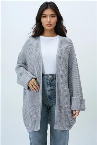 Kadın Gri Çift Cepli Duble Kol Selanik Örgü Uzun Triko Hırka ALC-X14439