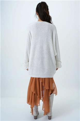 Kadın Ekru Çift Cepli Duble Kol Selanik Örgü Uzun Triko Hırka ALC-X14439