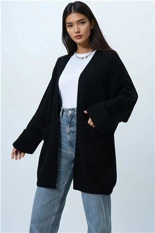 Kadın Siyah Çift Cepli Duble Kol Selanik Örgü Uzun Triko Hırka ALC-X14439