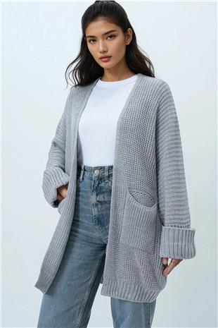 Kadın Gri Çift Cepli Duble Kol Selanik Örgü Uzun Triko Hırka ALC-X14439