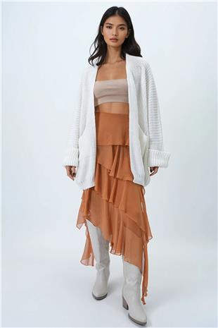 Kadın Ekru Çift Cepli Duble Kol Selanik Örgü Uzun Triko Hırka ALC-X14439