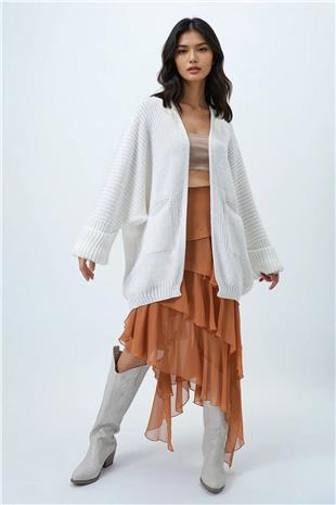 Kadın Ekru Çift Cepli Duble Kol Selanik Örgü Uzun Triko Hırka ALC-X14439