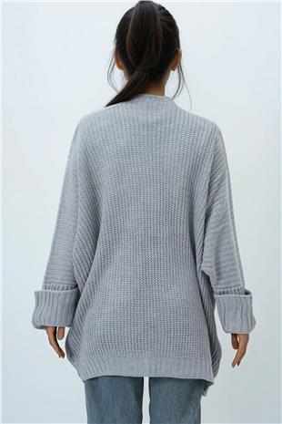 Kadın Gri Çift Cepli Duble Kol Selanik Örgü Uzun Triko Hırka ALC-X14439