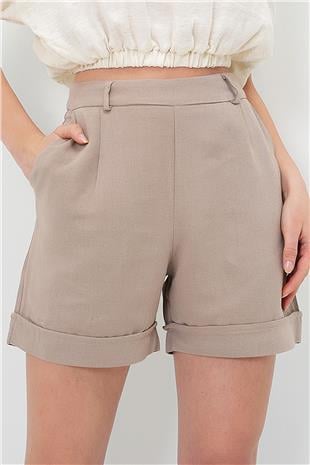 Kadın Bej Çift Cepli Duble Paça Gizli Fermuarlı Keten Şort ALC-X13767