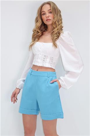 Kadın Mavi Çift Cepli Duble Paça Gizli Fermuarlı Keten Şort ALC-X13767