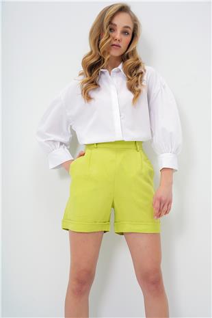 Kadın Yağ Yeşili Çift Cepli Duble Paça Gizli Fermuarlı Keten Şort ALC-X13767