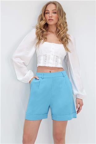 Kadın Mavi Çift Cepli Duble Paça Gizli Fermuarlı Keten Şort ALC-X13767
