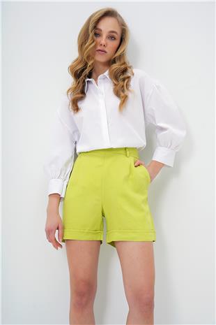 Kadın Yağ Yeşili Çift Cepli Duble Paça Gizli Fermuarlı Keten Şort ALC-X13767