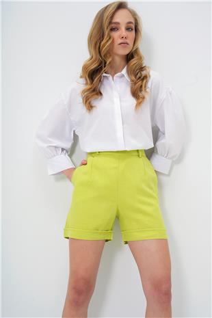 Kadın Yağ Yeşili Çift Cepli Duble Paça Gizli Fermuarlı Keten Şort ALC-X13767