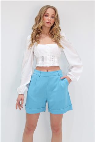 Kadın Mavi Çift Cepli Duble Paça Gizli Fermuarlı Keten Şort ALC-X13767