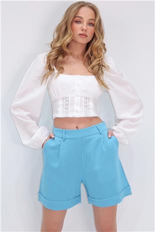 Kadın Mavi Çift Cepli Duble Paça Gizli Fermuarlı Keten Şort ALC-X13767