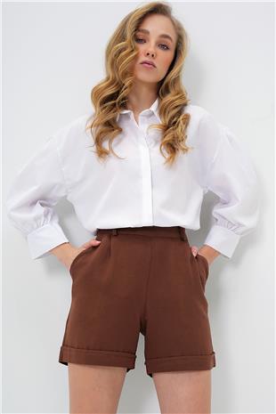 Kadın Acı Kahve Çift Cepli Duble Paça Gizli Fermuarlı Keten Şort ALC-X13767