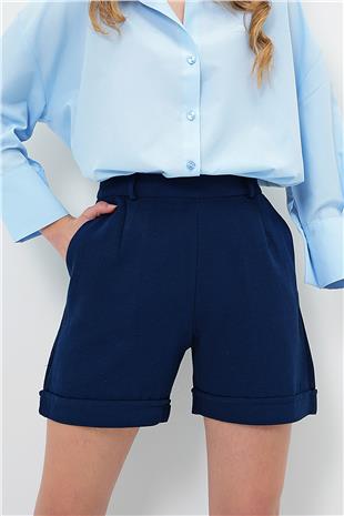 Kadın Lacivert Çift Cepli Duble Paça Gizli Fermuarlı Keten Şort ALC-X13767