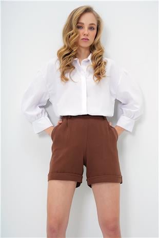 Kadın Acı Kahve Çift Cepli Duble Paça Gizli Fermuarlı Keten Şort ALC-X13767