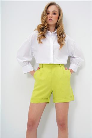 Kadın Yağ Yeşili Çift Cepli Duble Paça Gizli Fermuarlı Keten Şort ALC-X13767