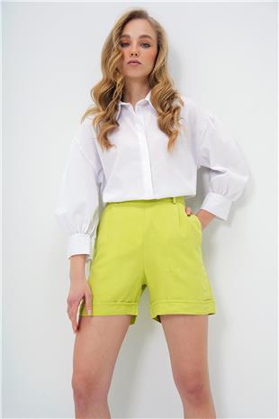 Kadın Yağ Yeşili Çift Cepli Duble Paça Gizli Fermuarlı Keten Şort ALC-X13767
