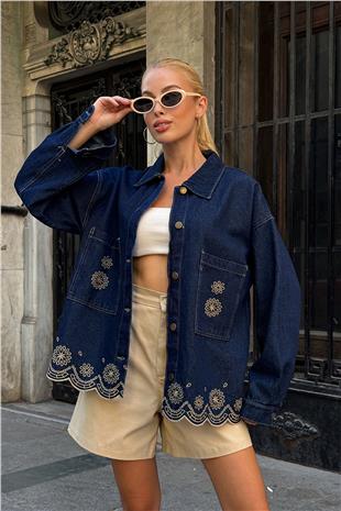 Kadın Lacivert Çift Cepli Düğme Kapamalı Etnik Nakışlı Oversize Jean Ceket VS00713